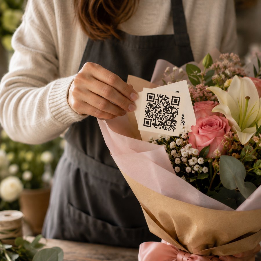 A florist tucking a Qreet QR-code card into a wrapped bouquet