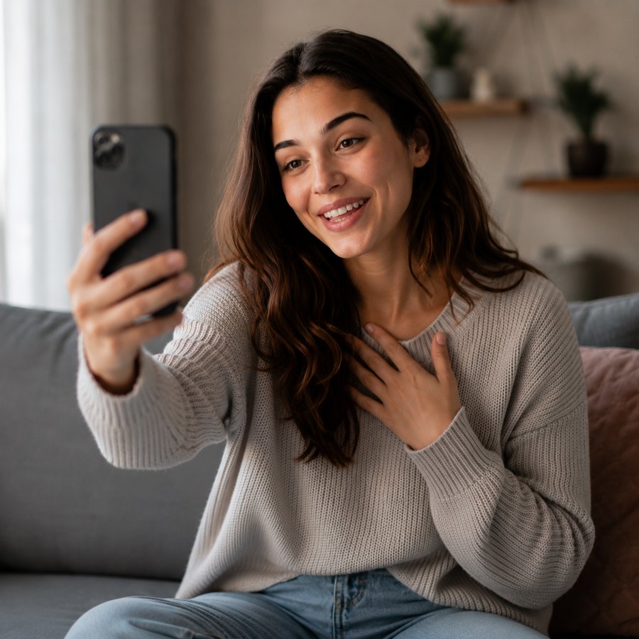 A customer recording a personal video message on her phone at home