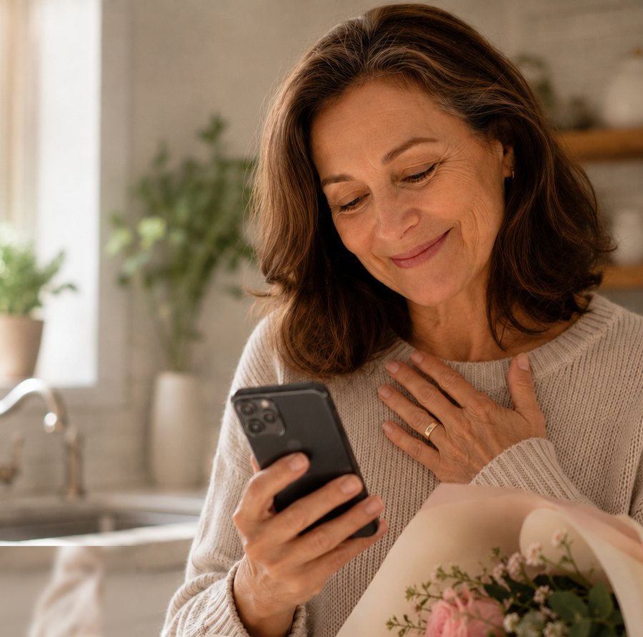 A woman smiling as she watches a personal video message after receiving flowers